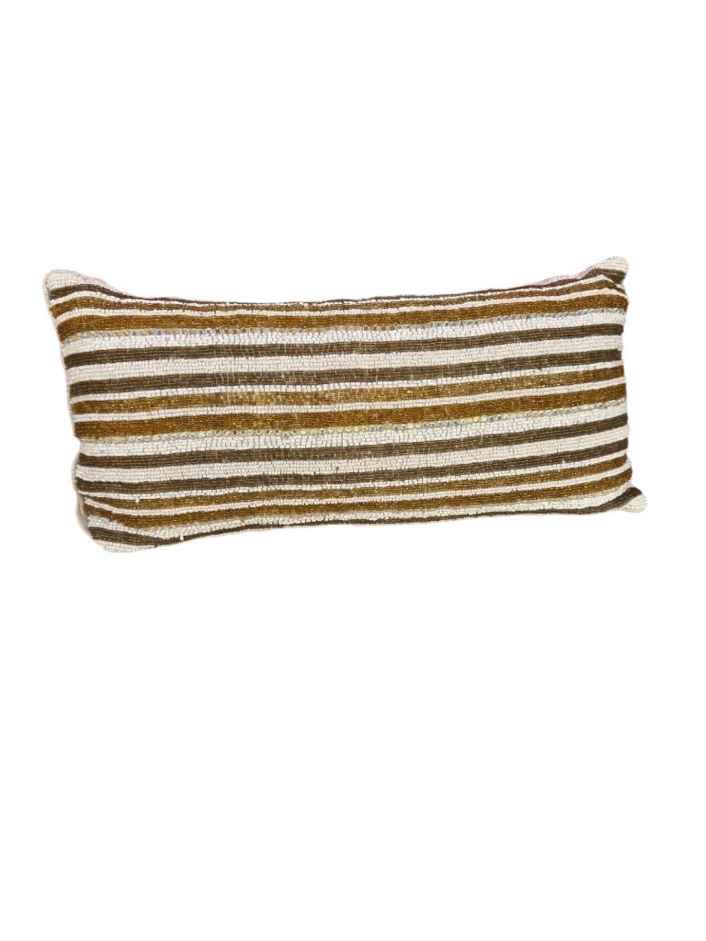 Handcrafted Beaded Striped Lumbar Pillow - Gold & White - Decorative Throw Cushi